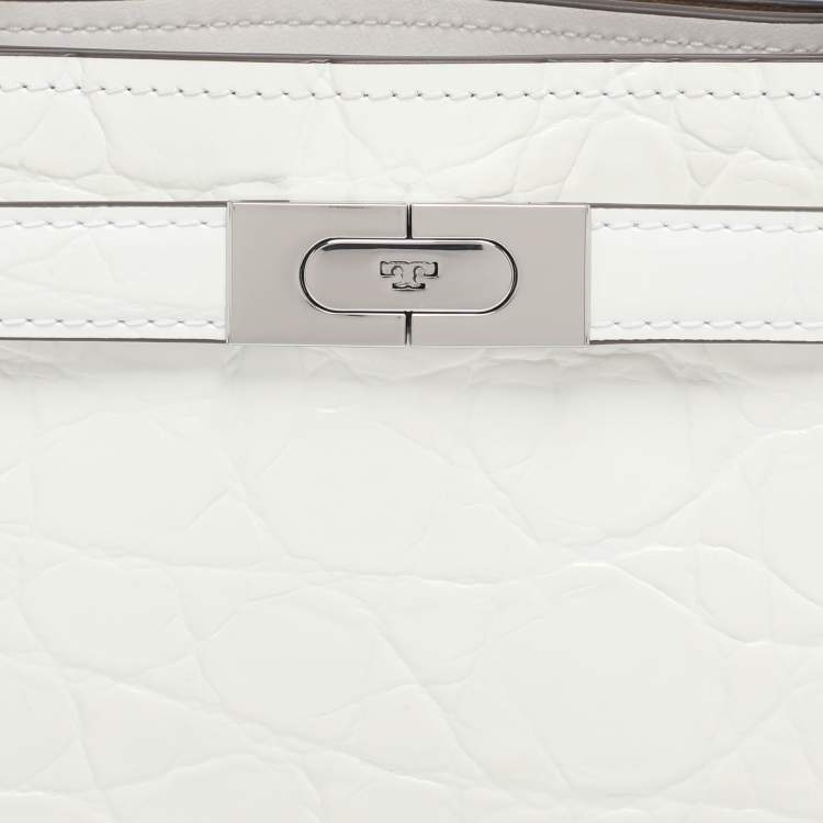 Pre Owned Tory Burch White  Croc Embossed Leather Lee Radziwill Top Handle Bag