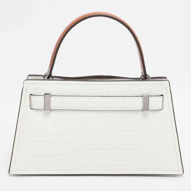Pre Owned Tory Burch White  Croc Embossed Leather Lee Radziwill Top Handle Bag