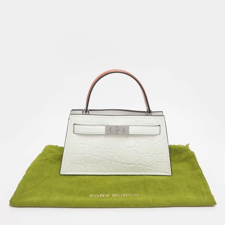 Pre Owned Tory Burch White  Croc Embossed Leather Lee Radziwill Top Handle Bag