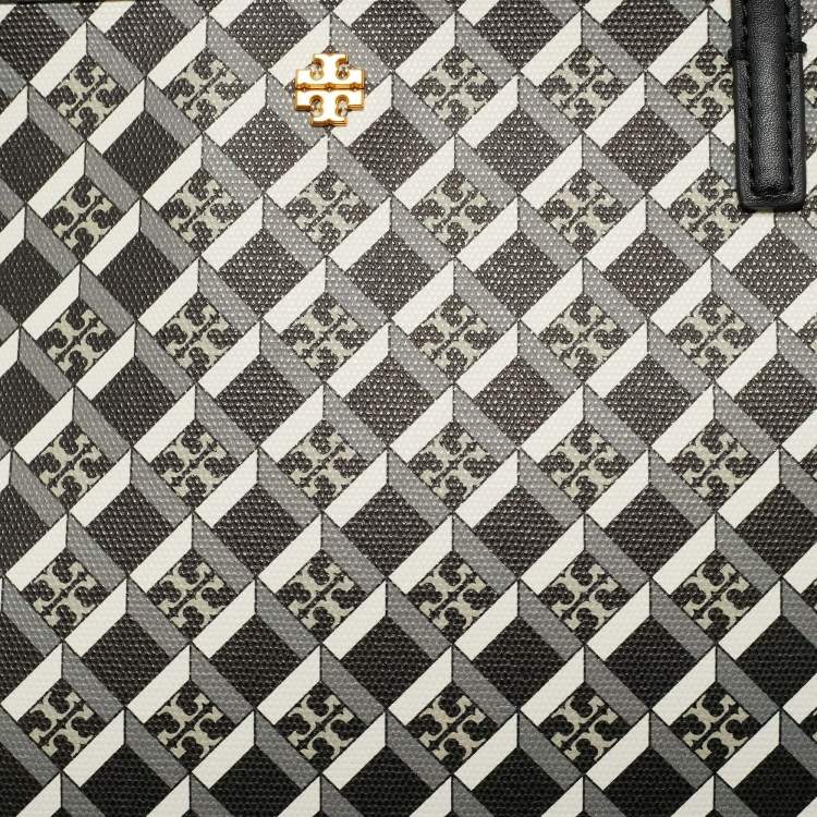 Pre Owned Tory Burch Black Coated Canvas Geo Logo Allover Zip Tote