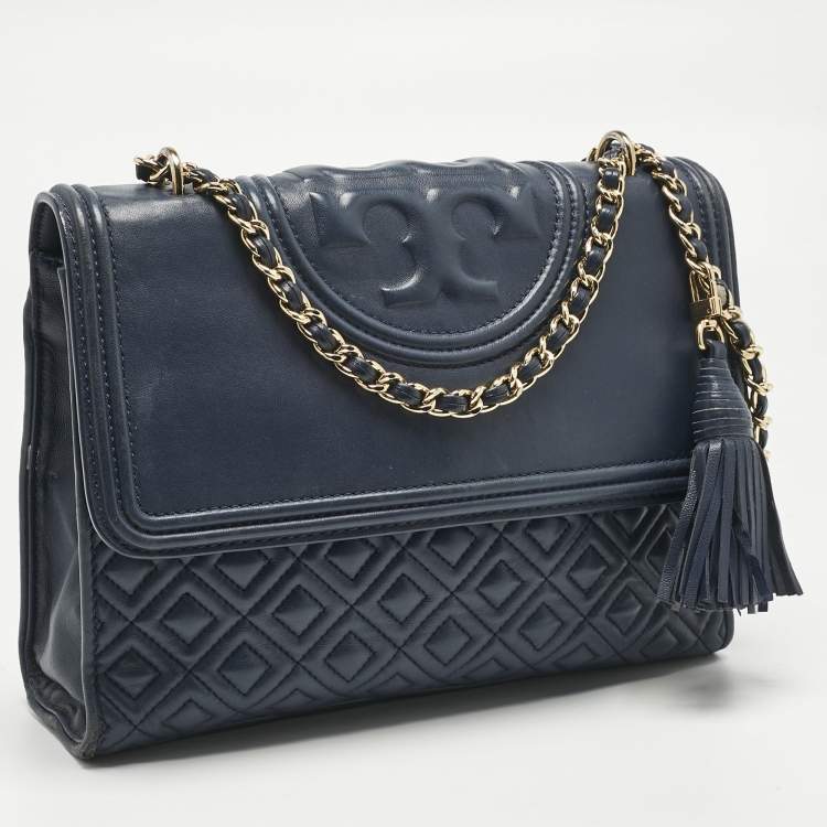 Pre Owned Tory Burch Navy Blue Quilted Leather Fleming Shoulder Bag