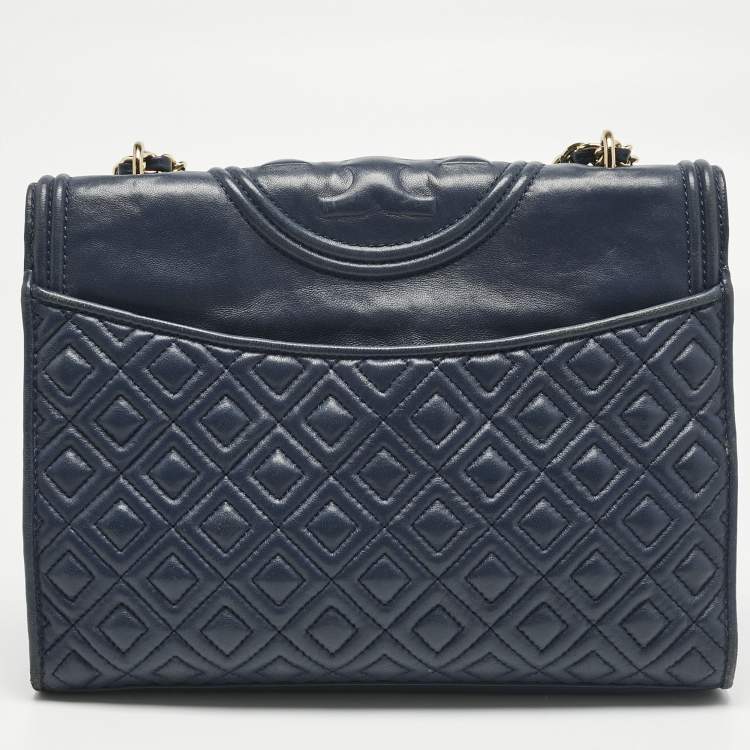 Pre Owned Tory Burch Navy Blue Quilted Leather Fleming Shoulder Bag