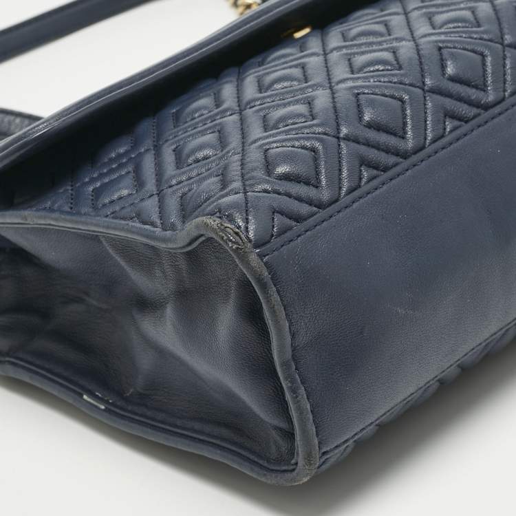 Pre Owned Tory Burch Navy Blue Quilted Leather Fleming Shoulder Bag
