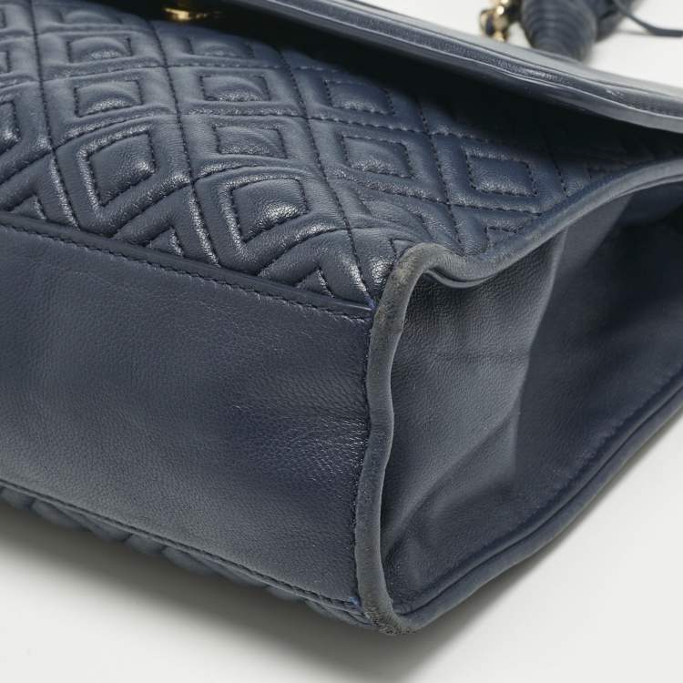 Pre Owned Tory Burch Navy Blue Quilted Leather Fleming Shoulder Bag