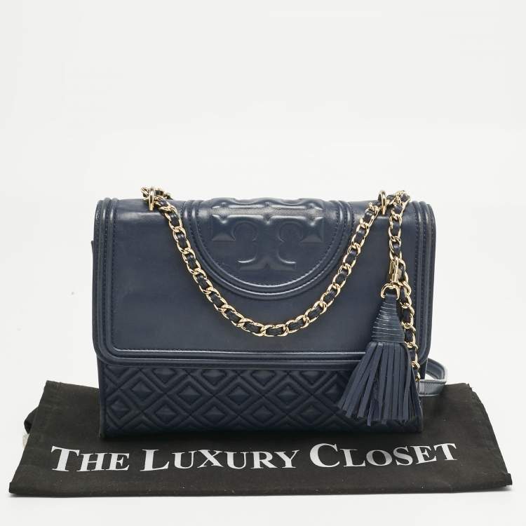 Pre Owned Tory Burch Navy Blue Quilted Leather Fleming Shoulder Bag