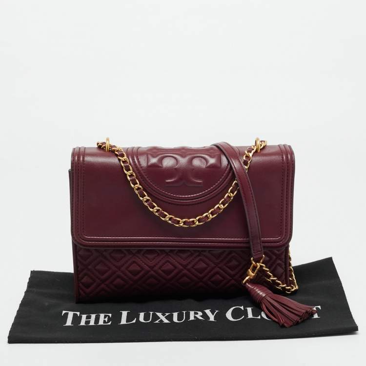 Pre Owned Tory Burch Burgundy Quilted Leather Fleming Shoulder Bag