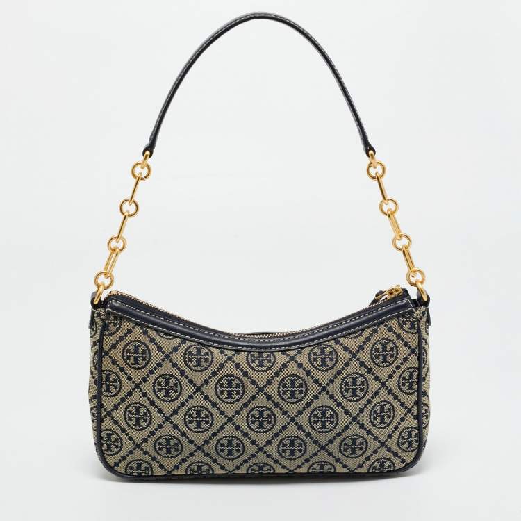 Pre Owned Tory Burch Navy Blue T Monogram Jacquard and Leather Studio Shoulder Bag