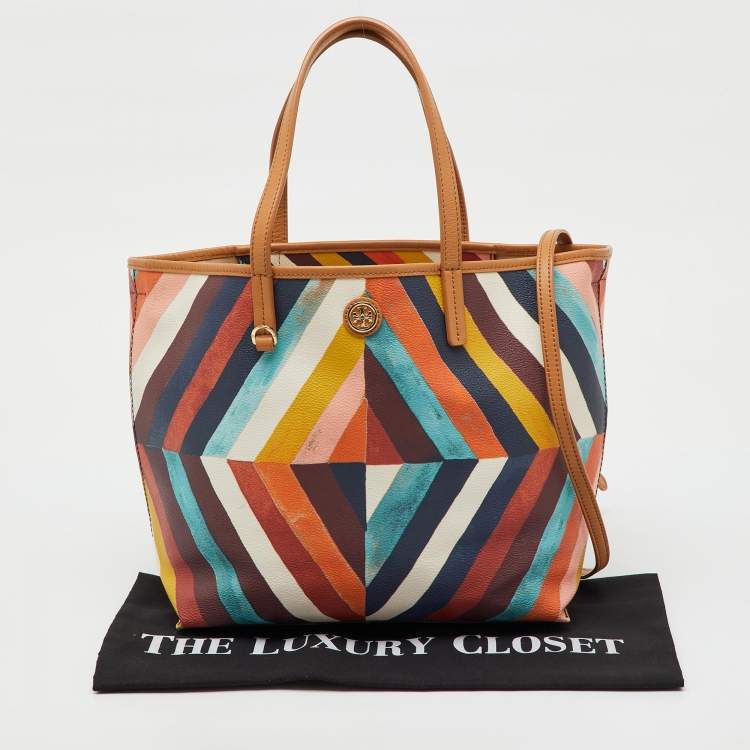 Pre Owned  Tory Burch Multicolor Diamond Stripe Coated Canvas and Leather Kerrington Tote