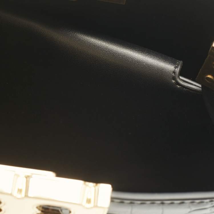 Pre Owned Tory Burch Black Croc Embossed Leather and Suede Eleanor Top Handle Bag