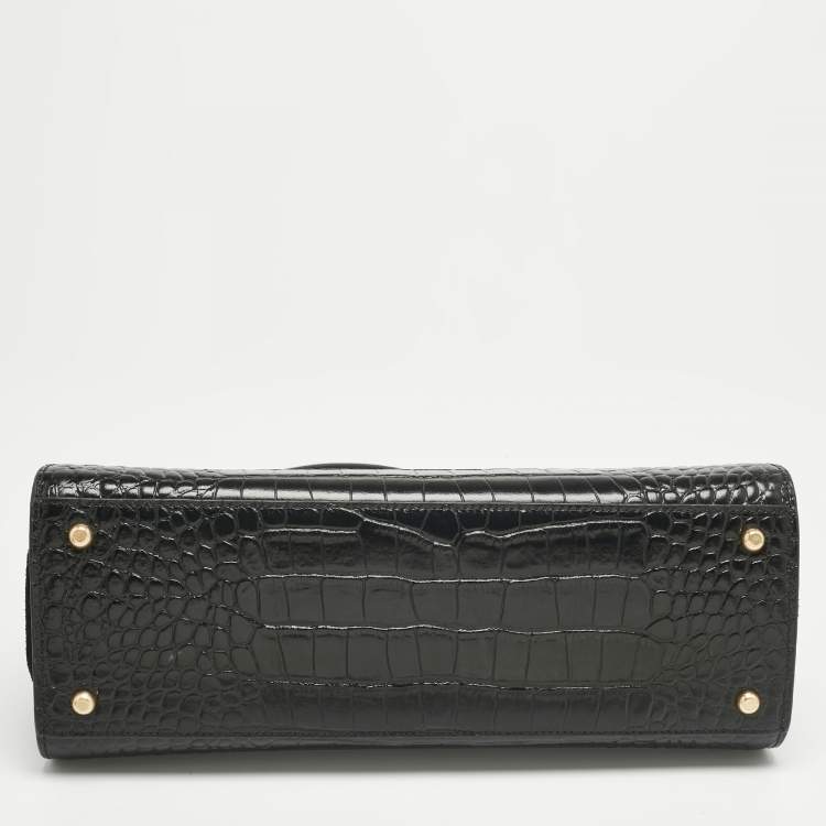 Pre Owned Tory Burch Black Croc Embossed Leather and Suede Eleanor Top Handle Bag