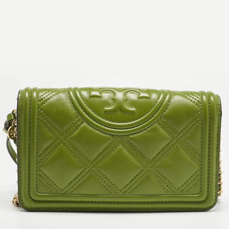 Pre Owned Tory Burch Olive Green Leather Fleming Wallet On Chain