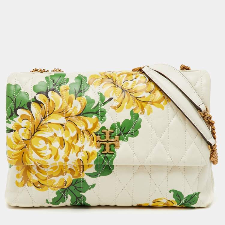 Pre Owned Tory Burch White Leather Chevron Floral Print Kira Shoulder Bag