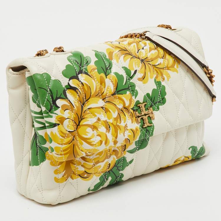 Pre Owned Tory Burch White Leather Chevron Floral Print Kira Shoulder Bag