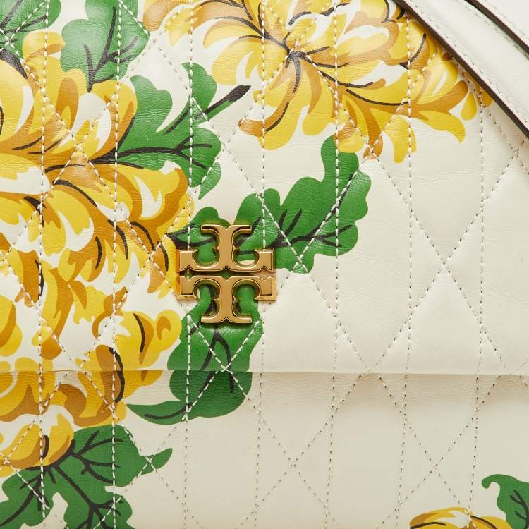 Pre Owned Tory Burch White Leather Chevron Floral Print Kira Shoulder Bag