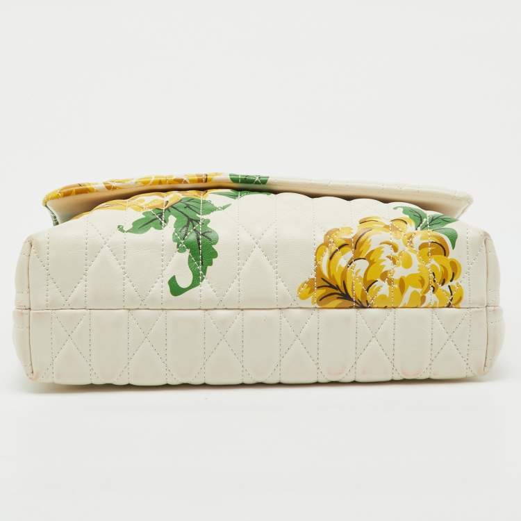 Pre Owned Tory Burch White Leather Chevron Floral Print Kira Shoulder Bag