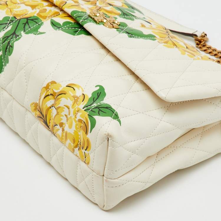 Pre Owned Tory Burch White Leather Chevron Floral Print Kira Shoulder Bag