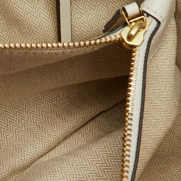 Pre Owned Tory Burch White Leather Chevron Floral Print Kira Shoulder Bag