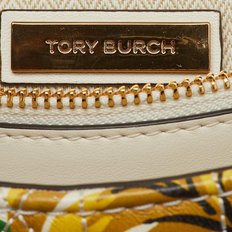 Pre Owned Tory Burch White Leather Chevron Floral Print Kira Shoulder Bag