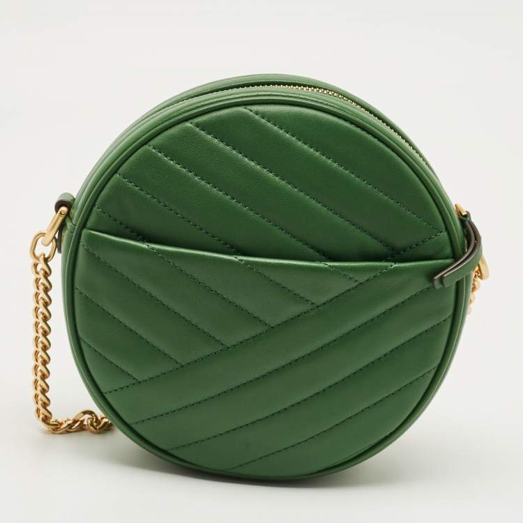 Pre Owned Tory Burch Green Chevron Leather Kira Circle Crossbody Bag