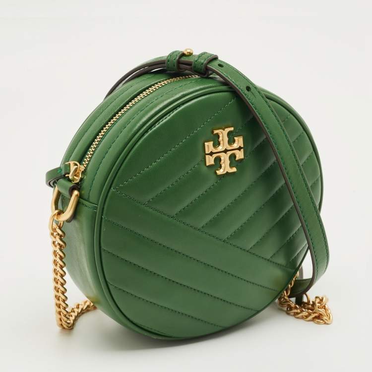Pre Owned Tory Burch Green Chevron Leather Kira Circle Crossbody Bag