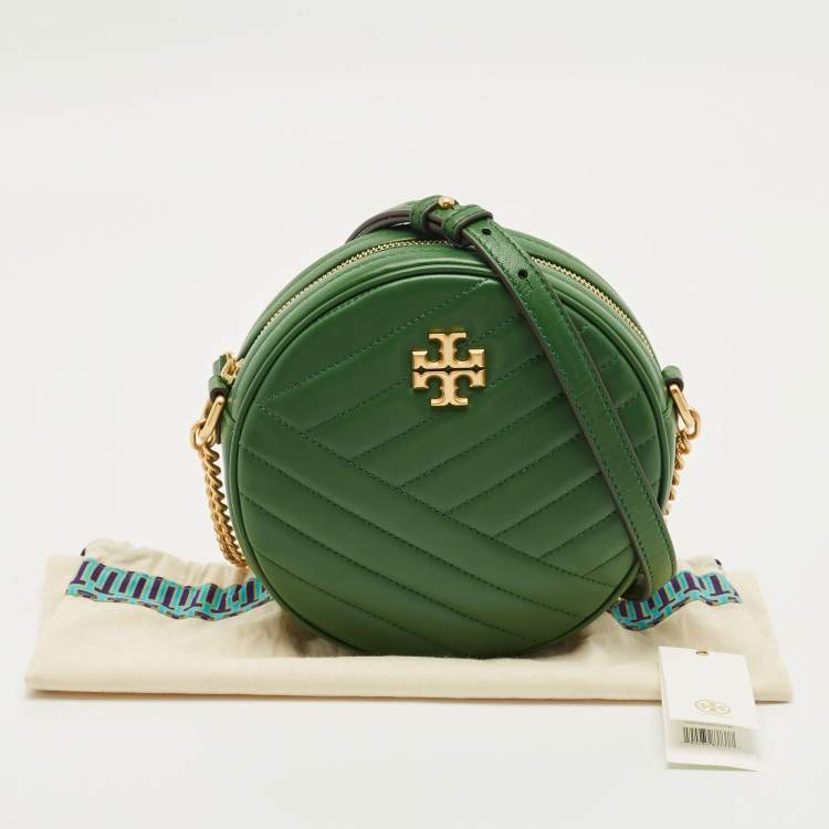 Pre Owned Tory Burch Green Chevron Leather Kira Circle Crossbody Bag