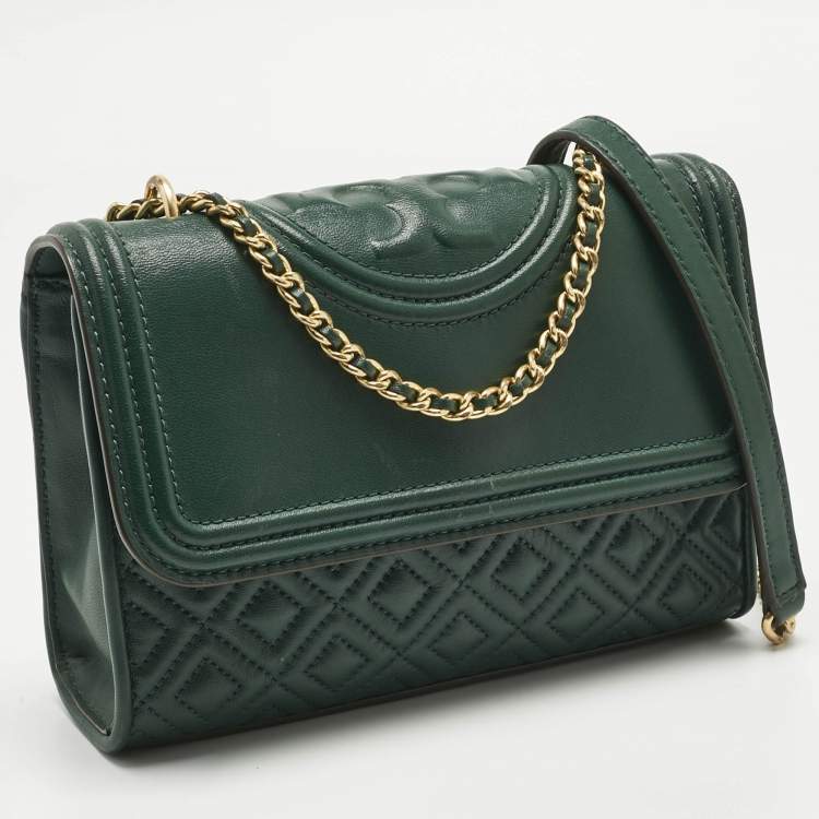 Pre Owned Tory Burch Green Quilted Leather Small Fleming Shoulder Bag