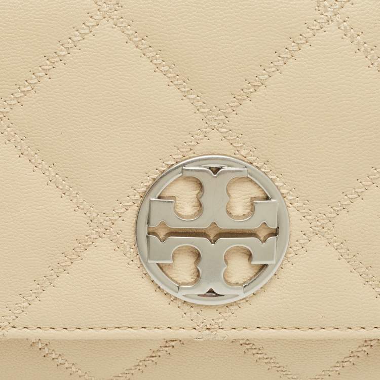 Pre Owned Tory Burch Beige Quilted Leather Willa Wallet On Chain