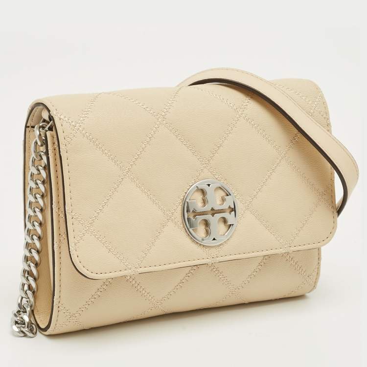 Pre Owned Tory Burch Beige Quilted Leather Willa Wallet On Chain