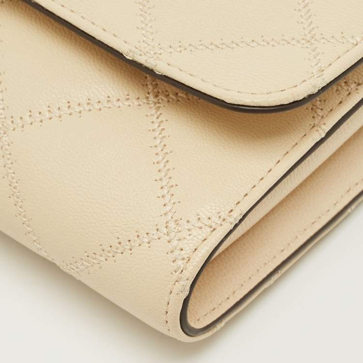 Pre Owned Tory Burch Beige Quilted Leather Willa Wallet On Chain