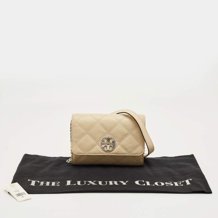 Pre Owned Tory Burch Beige Quilted Leather Willa Wallet On Chain