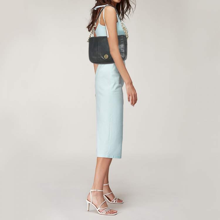 Pre Owned Tory Burch Black Leather Logo Flap Shoulder Bag