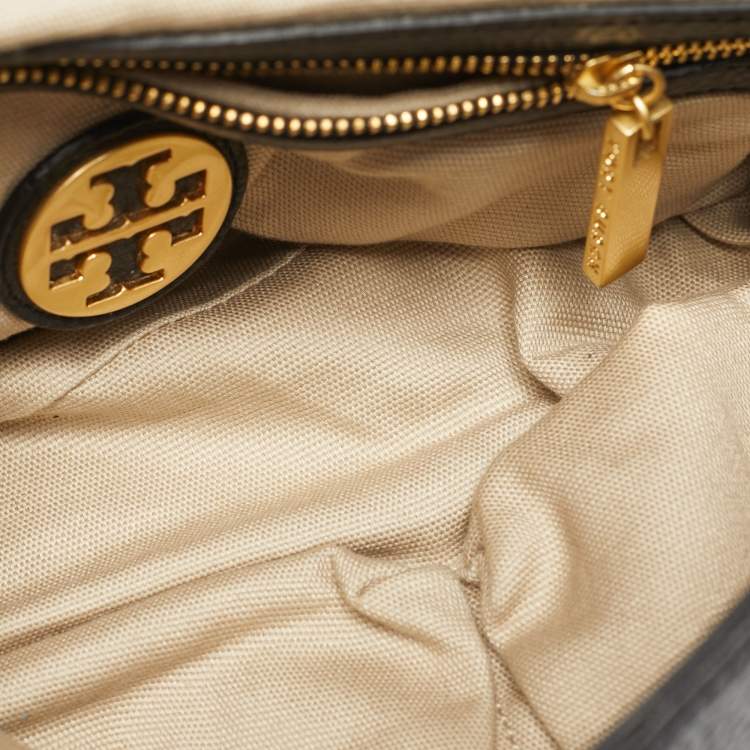 Pre Owned Tory Burch Black Leather Logo Flap Shoulder Bag