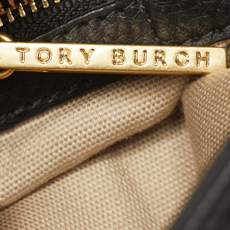 Pre Owned Tory Burch Black Leather Logo Flap Shoulder Bag