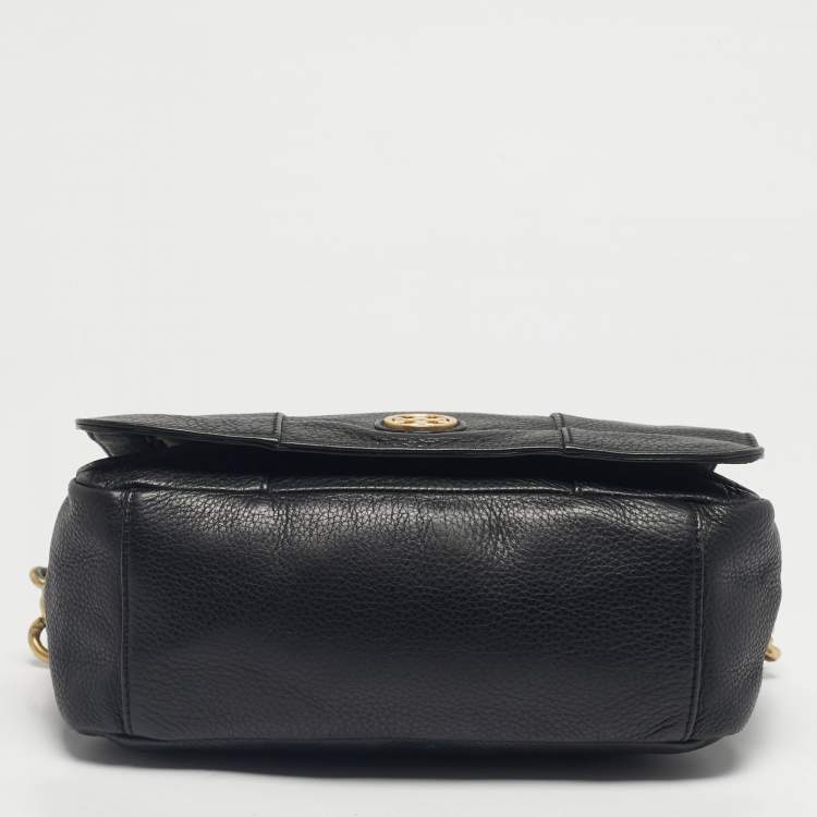 Pre Owned Tory Burch Black Leather Logo Flap Shoulder Bag