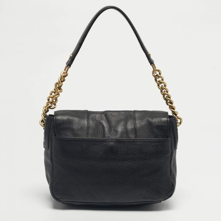 Pre Owned Tory Burch Black Leather Logo Flap Shoulder Bag