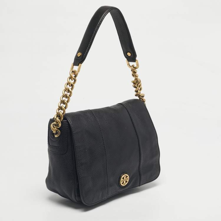 Pre Owned Tory Burch Black Leather Logo Flap Shoulder Bag
