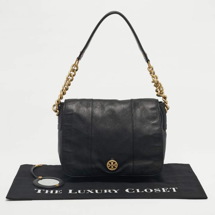 Pre Owned Tory Burch Black Leather Logo Flap Shoulder Bag