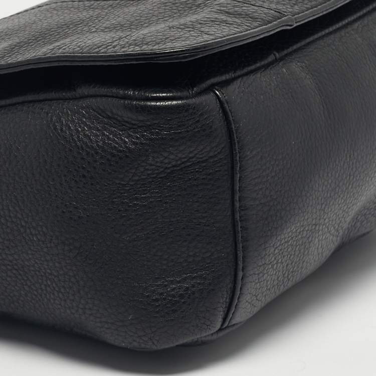 Pre Owned Tory Burch Black Leather Logo Flap Shoulder Bag