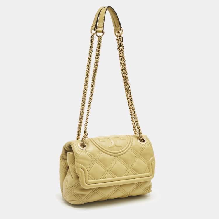 Pre Owned Tory Burch Yellow Quilted Leather Small Fleming Shoulder Bag
