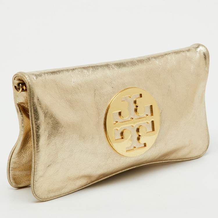 Pre Owned Tory Burch Metallic Gold Leather Reva Chain Clutch