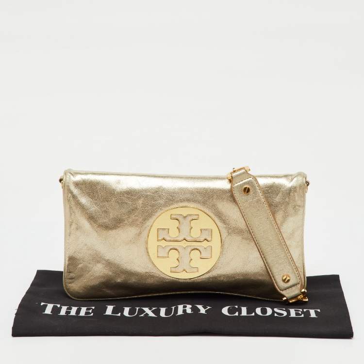 Pre Owned Tory Burch Metallic Gold Leather Reva Chain Clutch