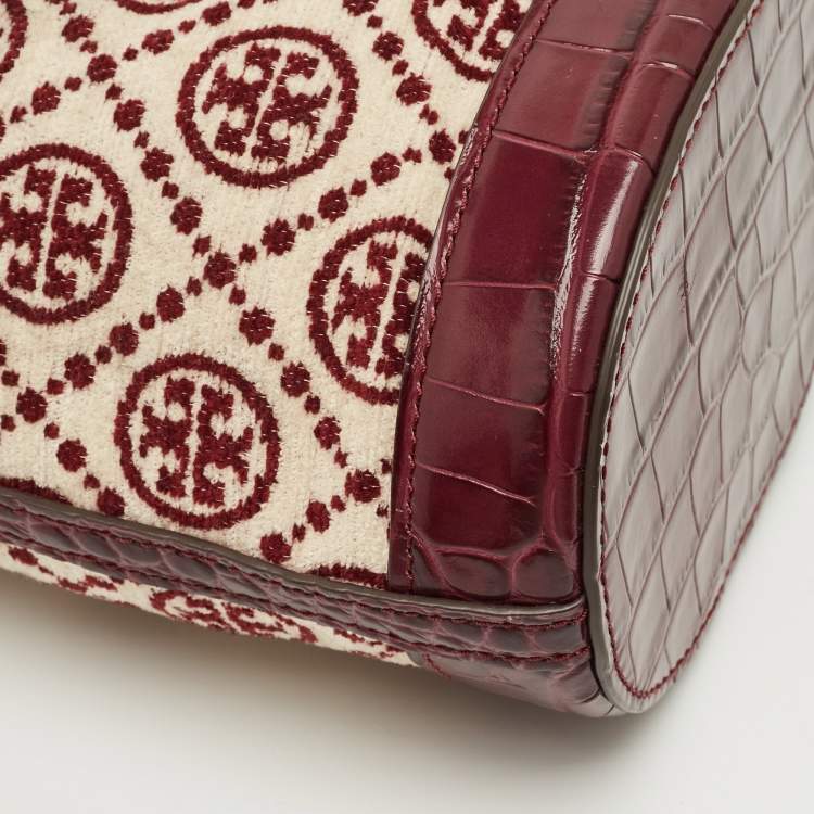 Pre Owned Tory Burch Burgundy T Monogram Fabric and Croc Embossed Leather Chenille Bucket Bag