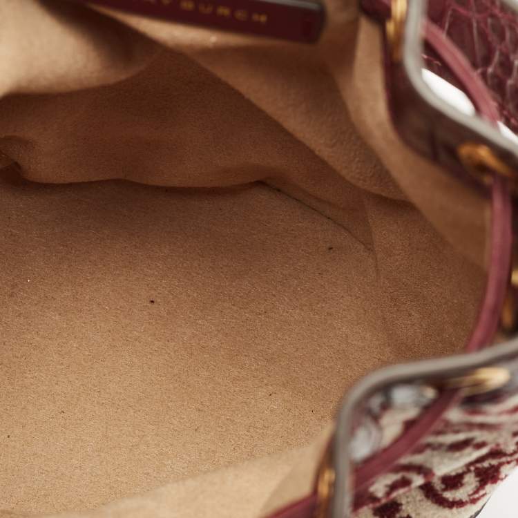 Pre Owned Tory Burch Burgundy T Monogram Fabric and Croc Embossed Leather Chenille Bucket Bag