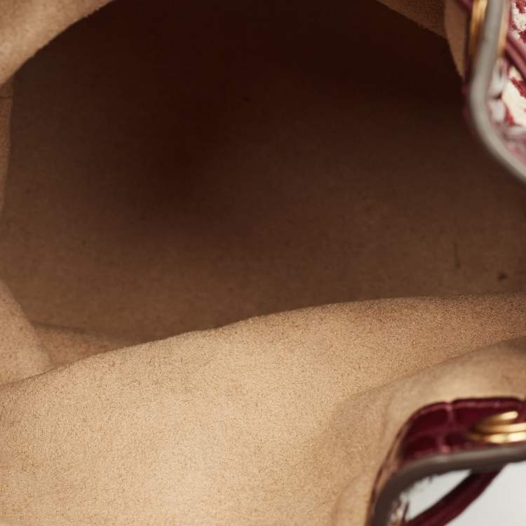 Pre Owned Tory Burch Burgundy T Monogram Fabric and Croc Embossed Leather Chenille Bucket Bag