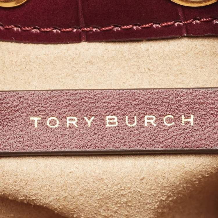 Pre Owned Tory Burch Burgundy T Monogram Fabric and Croc Embossed Leather Chenille Bucket Bag