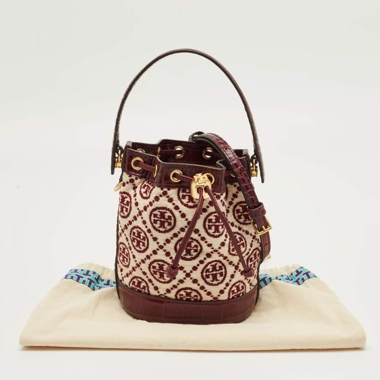 Pre Owned Tory Burch Burgundy T Monogram Fabric and Croc Embossed Leather Chenille Bucket Bag