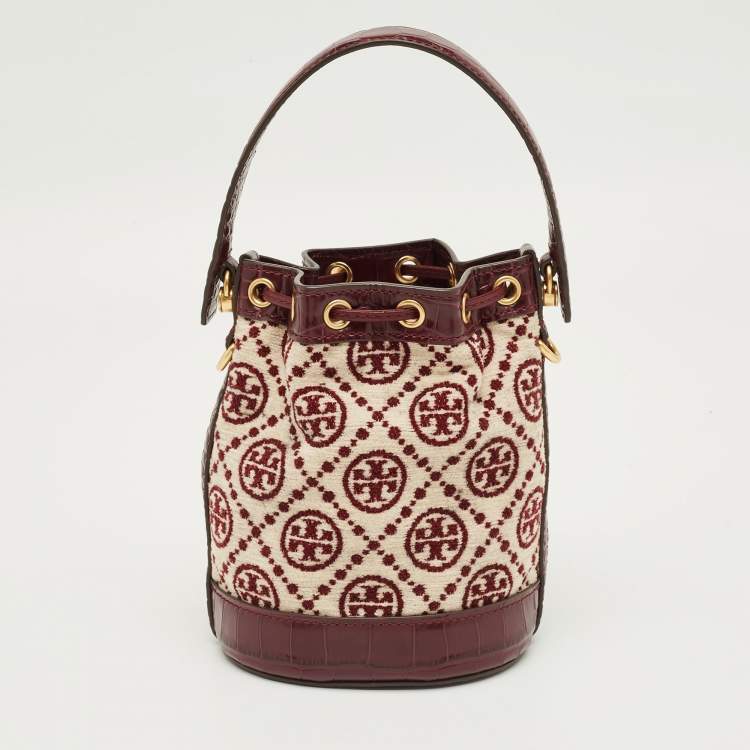 Pre Owned Tory Burch Burgundy T Monogram Fabric and Croc Embossed Leather Chenille Bucket Bag