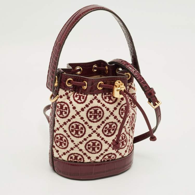 Pre Owned Tory Burch Burgundy T Monogram Fabric and Croc Embossed Leather Chenille Bucket Bag