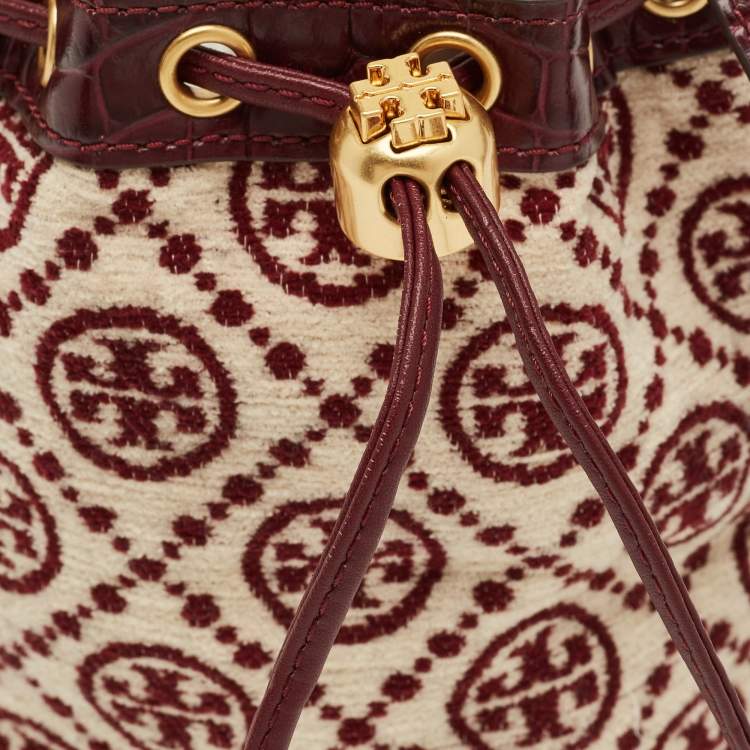 Pre Owned Tory Burch Burgundy T Monogram Fabric and Croc Embossed Leather Chenille Bucket Bag