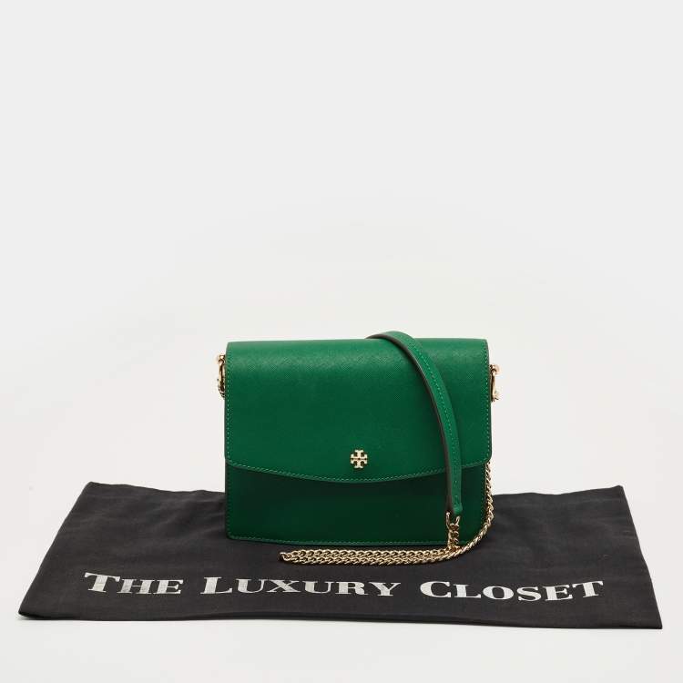 Pre Owned Tory Burch Green Leather Emerson Envelope Shoulder Bag